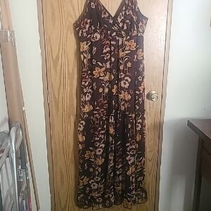 Women's Floral V-Neck Maxi Dress - Brown/Yellow